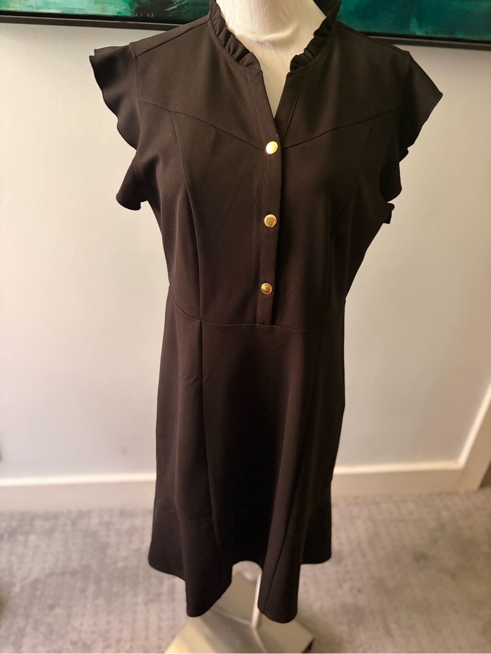 Nanette Lepore Black Midi Dress with Gold Buttons